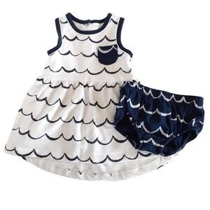 Petit Lem Ocean Wave White Dress & Bloomers Set Baby Girl 9mo Nautical Beach